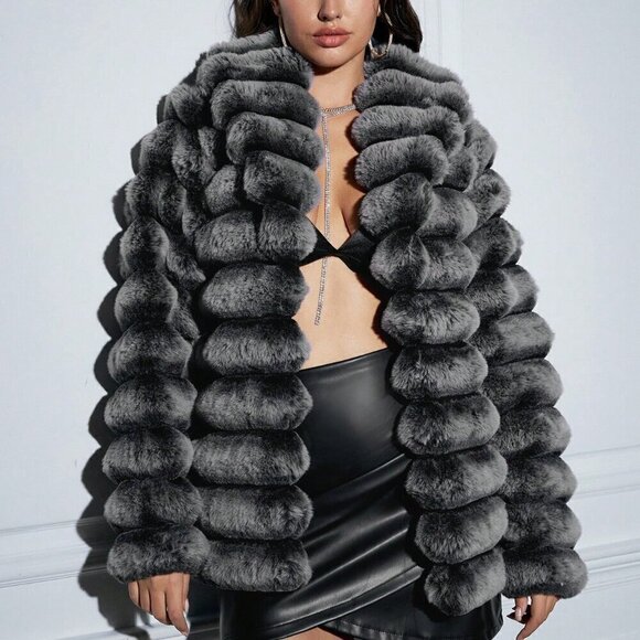 Grey Women's Open Front Fuzzy Coat - Picture 7 of 7